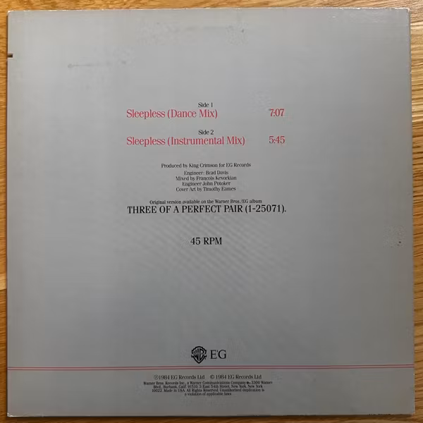 KING CRIMSON Sleepless (EG - USA original) (VG+/VG) 12"