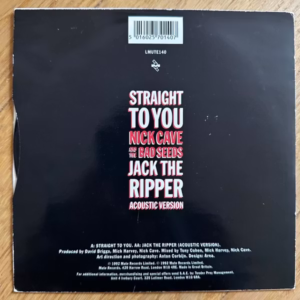 NICK CAVE AND THE BAD SEEDS Straight To You / Jack The Ripper (Acoustic Version) (Mute - UK original) (VG+/VG) 7"