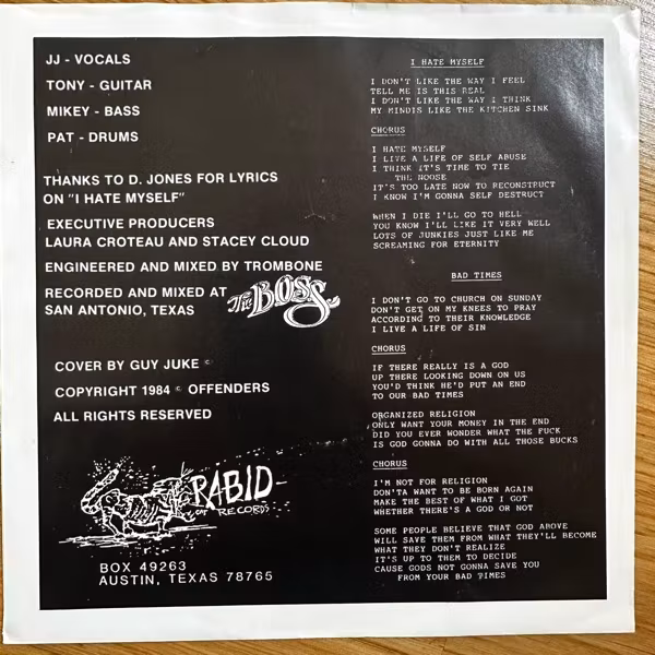 OFFENDERS I Hate Myself / Bad Times (Rabid Cat - USA original) (VG+/EX) 7"