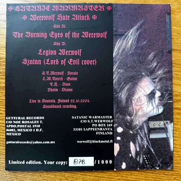 SATANIC WARMASTER Werewolf Hate Attack Live!!! (Guttural - Mexico original) (EX) 7"