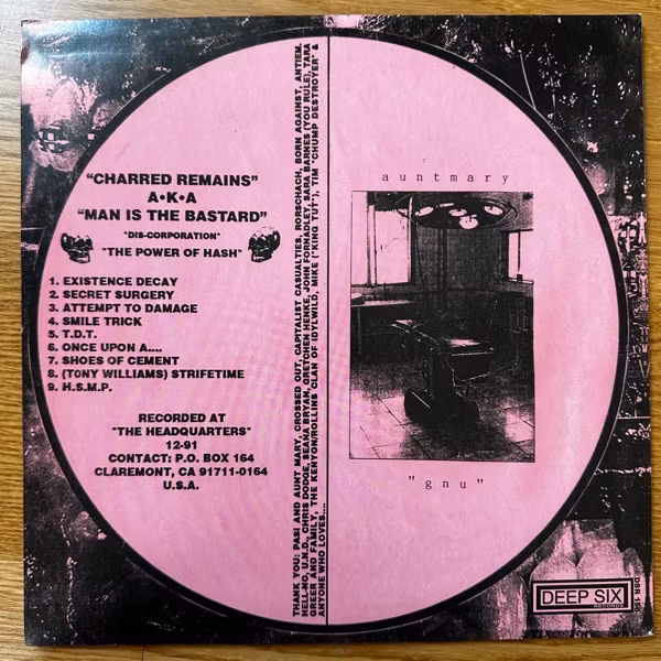 AUNT MARY / CHARRED REMAINS AKA MAN IS THE BASTARD Split (Deep Six - USA reissue) (EX) 10"