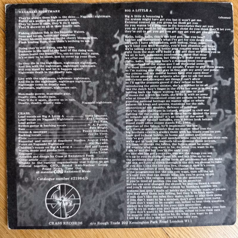 CRASS Nagasaki Nightmare / Big A Little A (Crass - UK original) (VG+) 7"