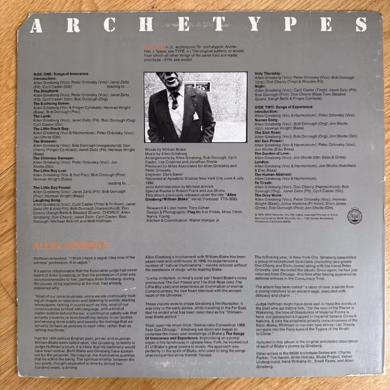 ALLEN GINSBERG Archetypes (MGM - USA 1974 reissue) (VG+) LP