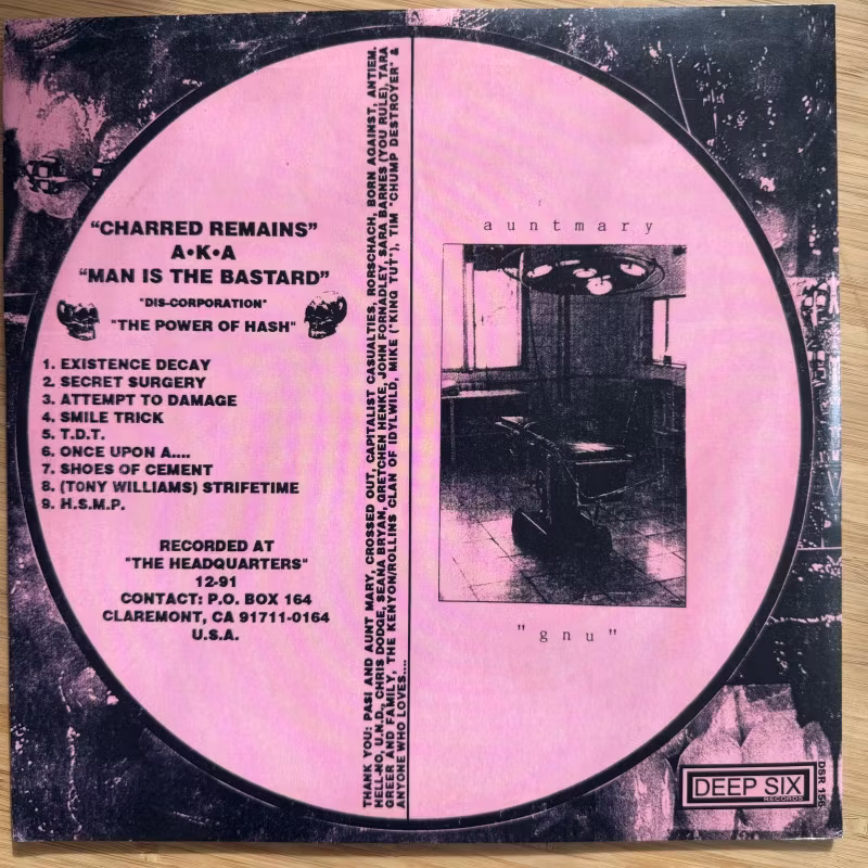 AUNT MARY / CHARRED REMAINS AKA MAN IS THE BASTARD Split (Deep Six - USA reissue) (EX) 10"