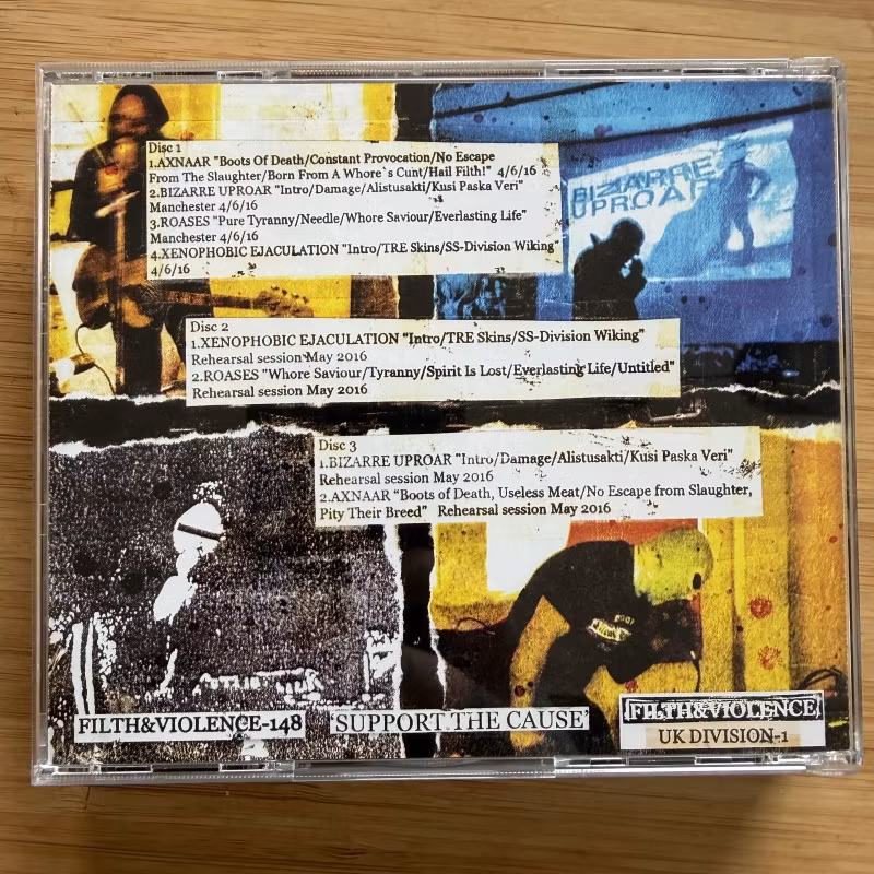 AXNAAR / BIZARRE UPROAR / XENOPHOBIC EJACULATION / ROASES Filth, Rubber, Hatred And Abuse- United Kingdom 2016 (Filth And Violence - Finland original) (NM) 3CD