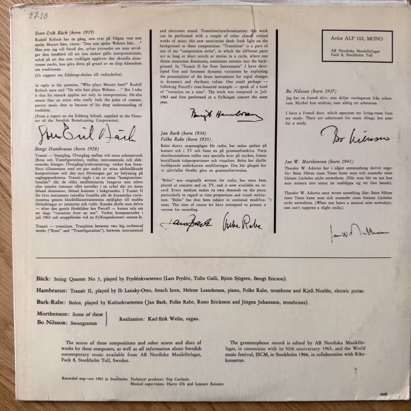 SVEN-ERIK BÄCK, BENGT HAMBRAEUS, JAN BARK, FOLKE RABE, BO NILSSON, JAN W. MORTHENSON Svenskt 60-Tal: Swedish Music From The Sixties (Artist - Sweden original) (VG) LP