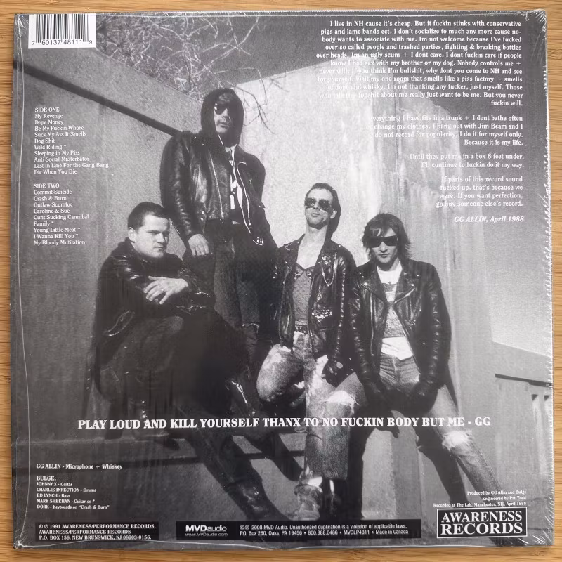 GG ALLIN Freaks, Faggots, Drunks & Junkies (MVD - USA 2022 reissue) (NM/EX) LP