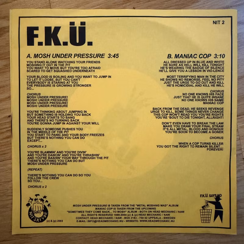 F.K.Ü. Mosh Under Pressure (Nitskivor - Sweden original) (EX) 7"