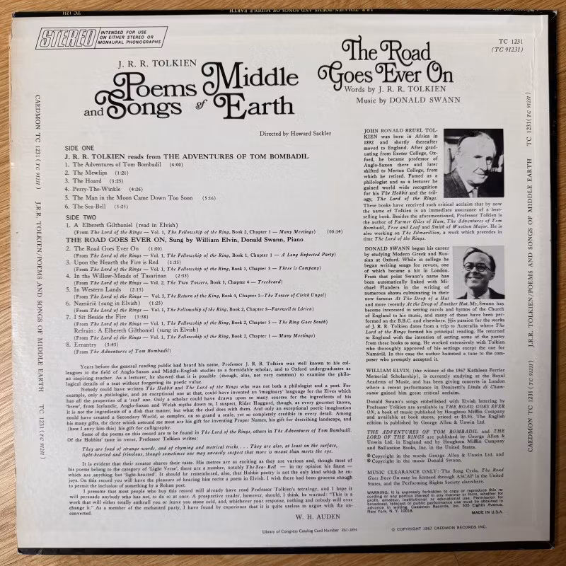 J.R.R. TOLKIEN Poems And Songs Of Middle Earth (Caedmon - USA original) (VG+/VG) LP