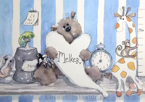 Nalle med kompisar ljusblå bakgrund