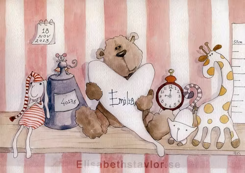 Nalle med kompisar rosa bakgrund