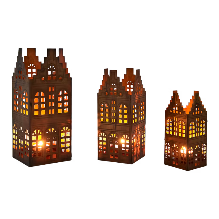 Ljuslykta hus VILLAGE , set om 3, Mässingsfärgad