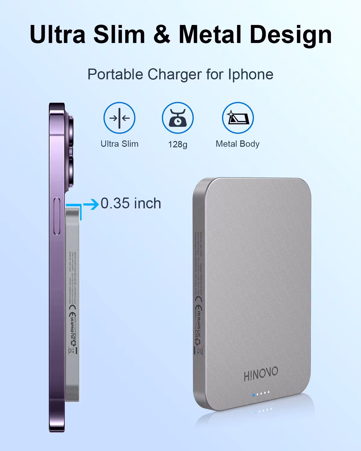 HINOVO Mag-Safe Power Bank 5000mAh, Metall Design 0.35 Ultratunn Magnetisk Powerbank, 15W Snabbladdning Externt Batteri för iPhone 15/14/13/12-Serien