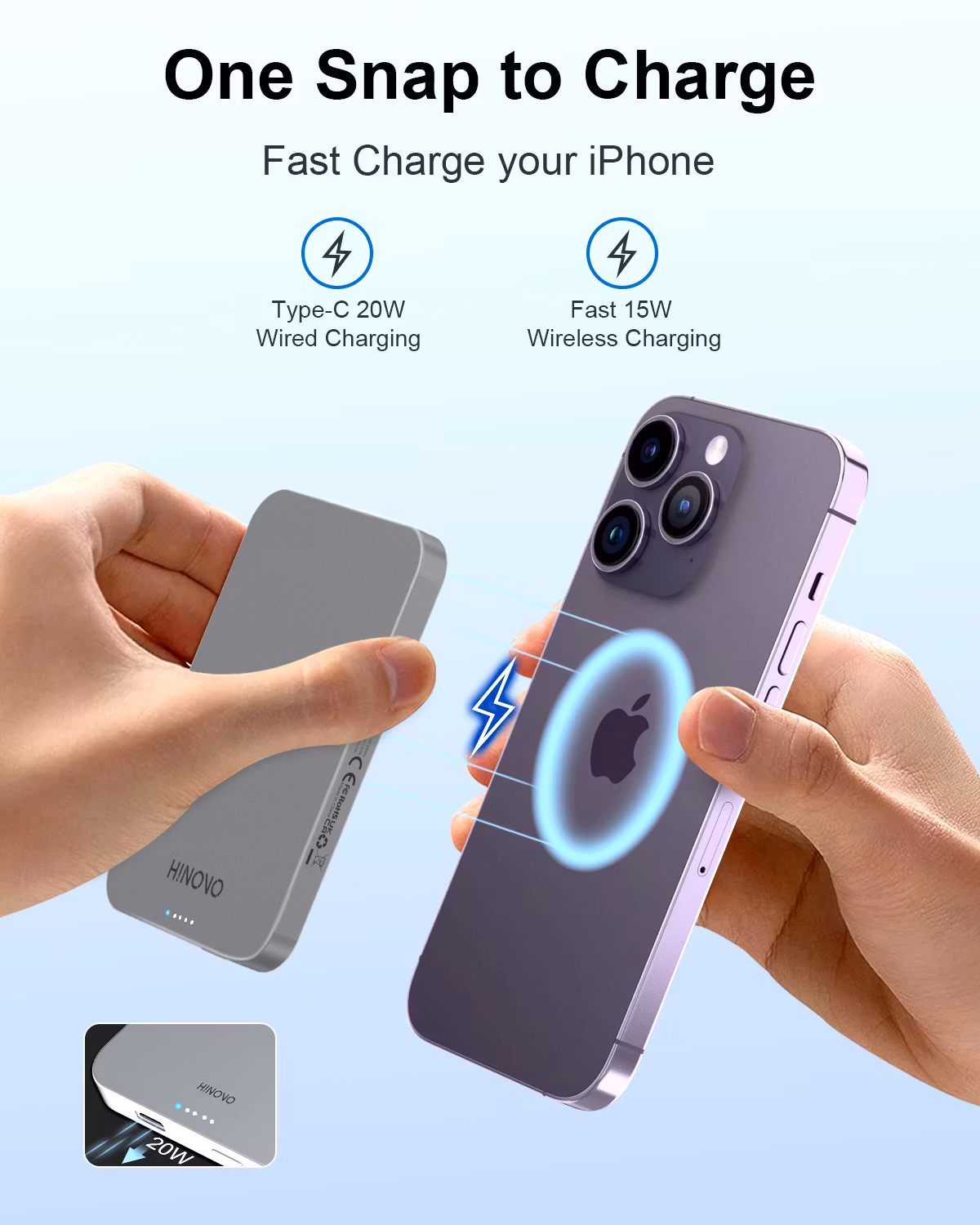 HINOVO Mag-Safe Power Bank 5000mAh, Metall Design 0.35 Ultratunn Magnetisk Powerbank, 15W Snabbladdning Externt Batteri för iPhone 15/14/13/12-Serien