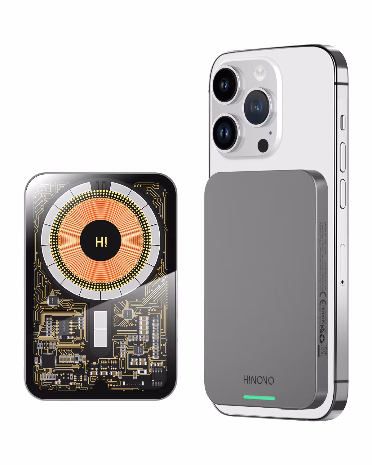 HINOVO Mag-Safe Power Bank，MB1-5000X, 0,35 ultratunn magnetisk laddningsbank med 5000mAh, Cyberpunk-stil transparent batteripack för iPhone 15/14/13/12-serien