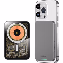 HINOVO Mag-Safe Power Bank,MB1-5000X, 0,35 ultratunn magnetisk laddningsbank med 5000mAh, Cyberpunk-stil transparent batteripack för iPhone 15/14/13/12-serien
