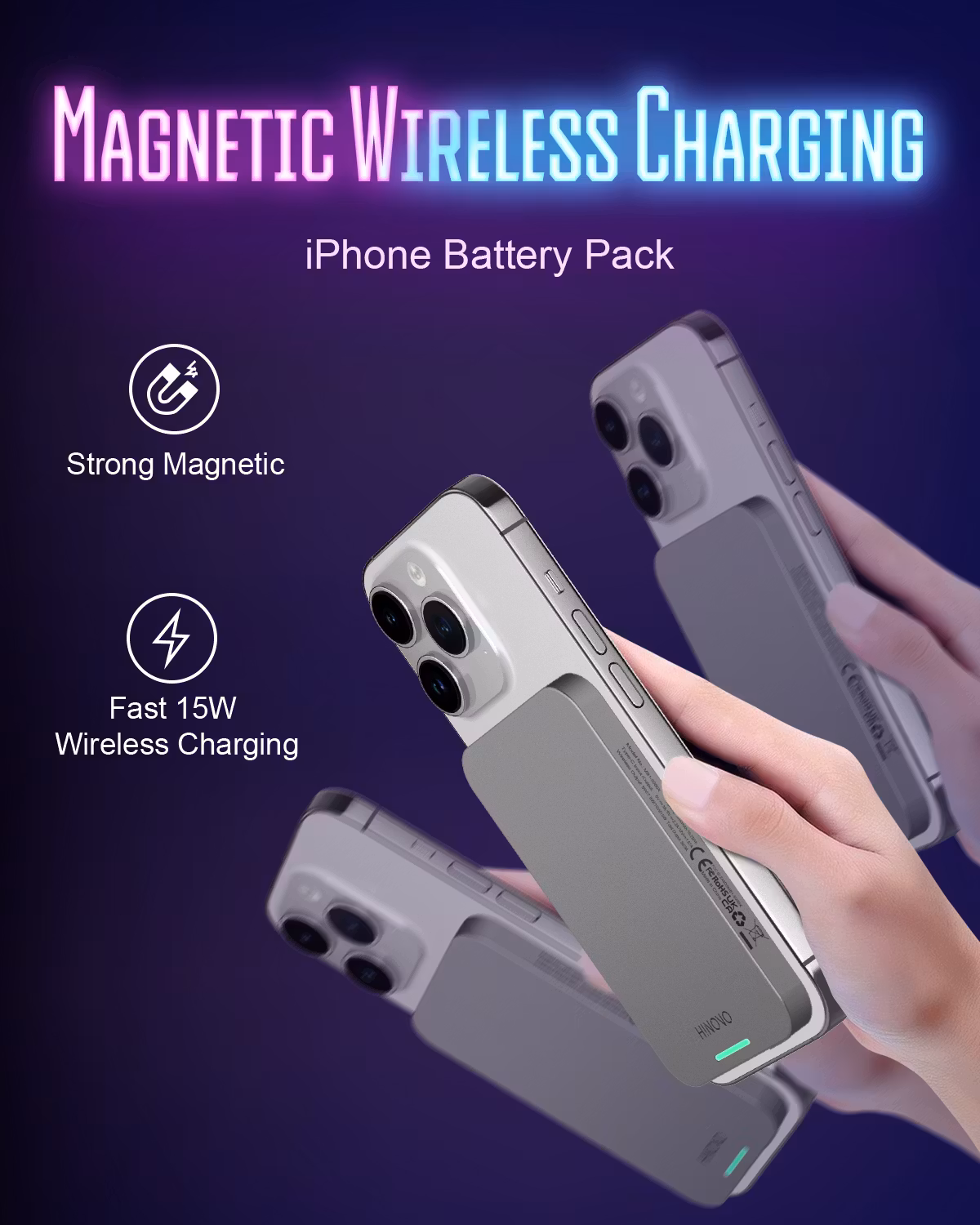 HINOVO Mag-Safe Power Bank，MB1-5000X, 0,35 ultratunn magnetisk laddningsbank med 5000mAh, Cyberpunk-stil transparent batteripack för iPhone 15/14/13/12-serien