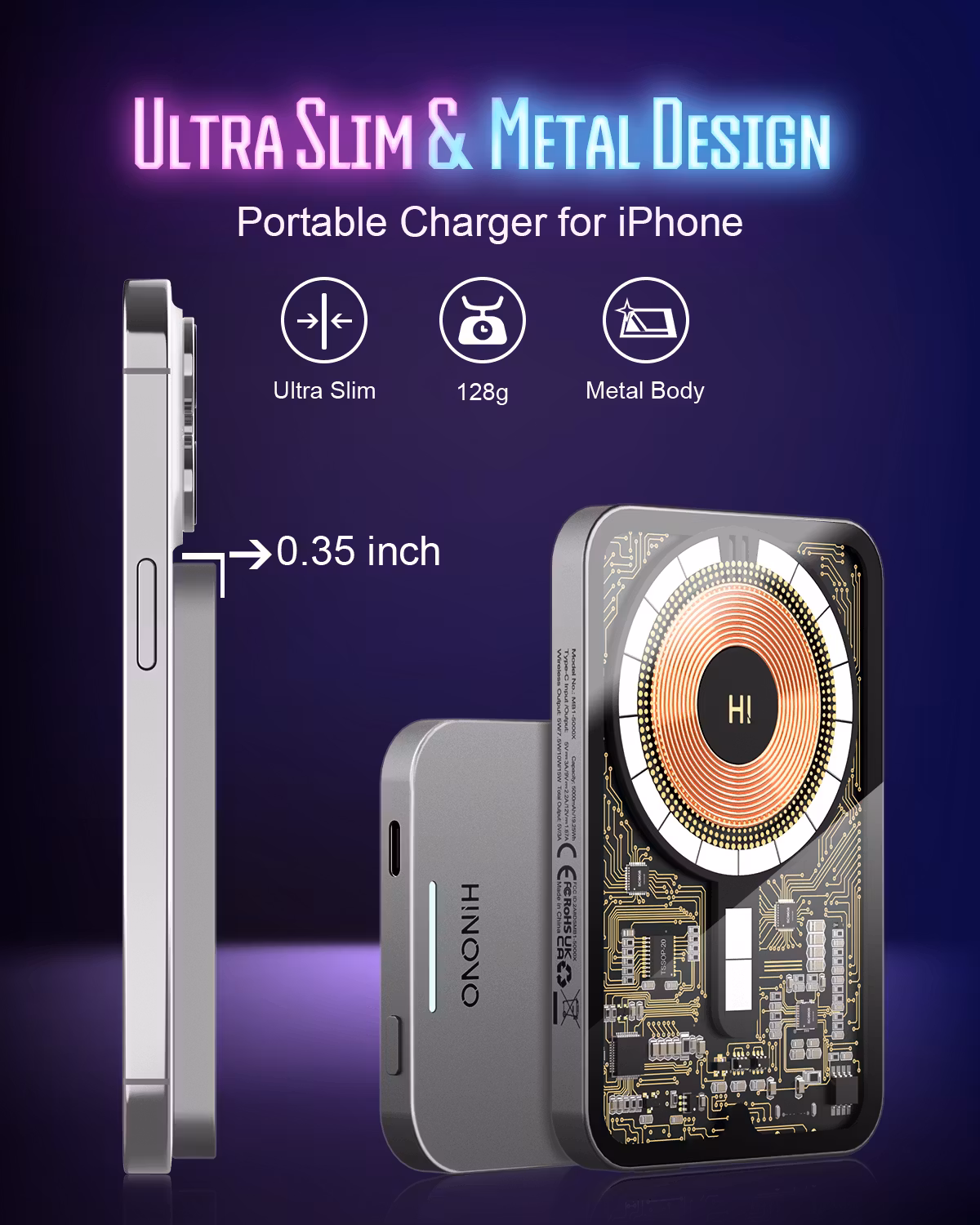 HINOVO Mag-Safe Power Bank，MB1-5000X, 0,35 ultratunn magnetisk laddningsbank med 5000mAh, Cyberpunk-stil transparent batteripack för iPhone 15/14/13/12-serien