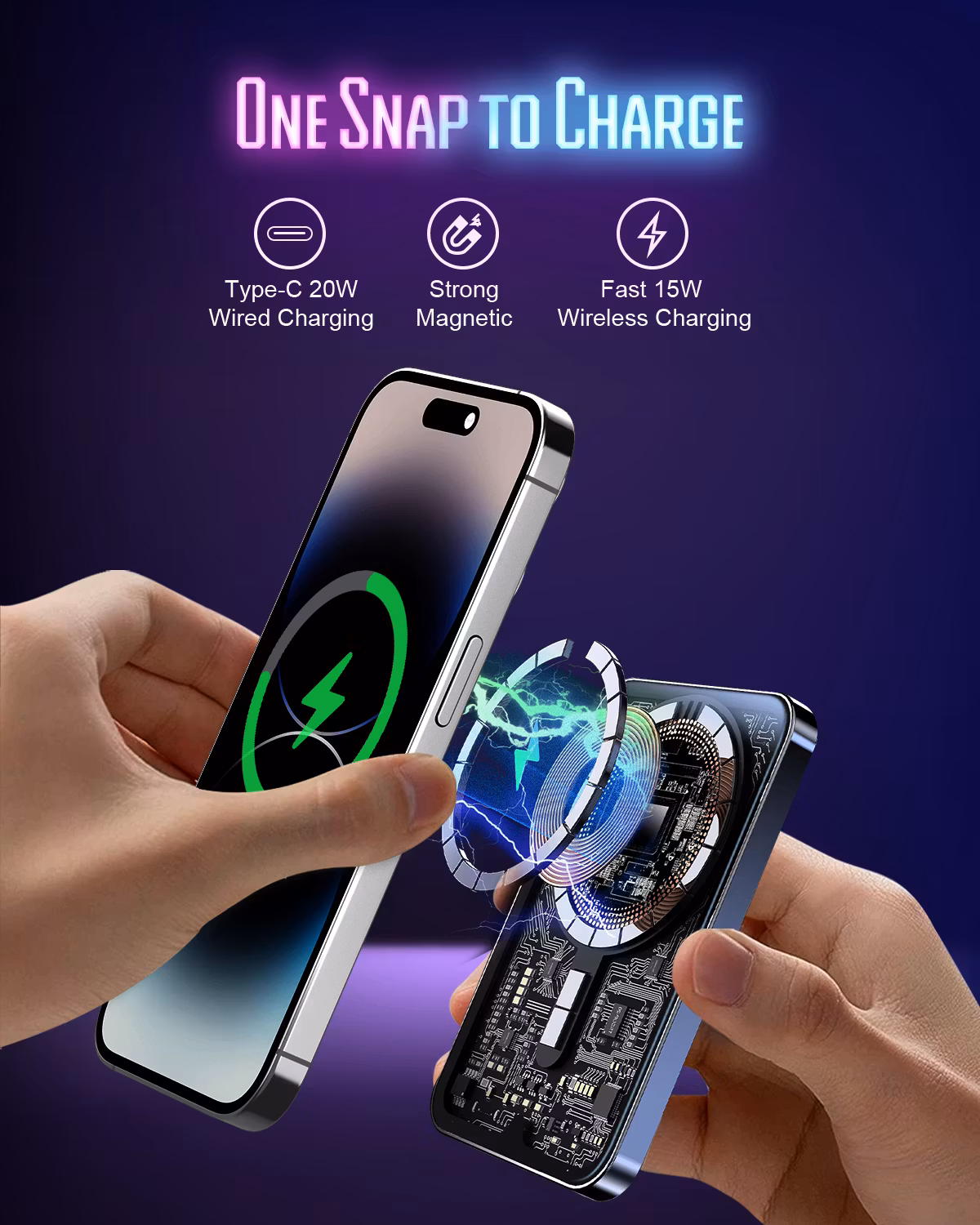 HINOVO Mag-Safe Power Bank，MB1-5000X, 0,35 ultratunn magnetisk laddningsbank med 5000mAh, Cyberpunk-stil transparent batteripack för iPhone 15/14/13/12-serien