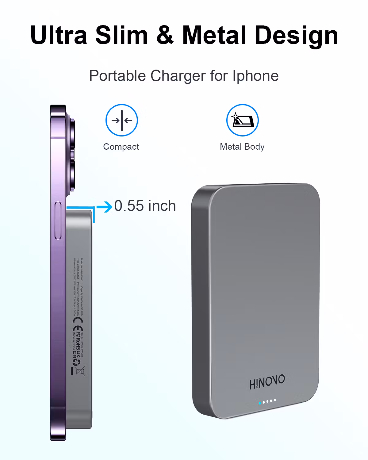 HINOVO Mag-safe Power Bank 10000mAh, MK1-10000, Ultrakompakt Magnetisk Powerbank, Metall Design 20W PD Snabbladdningsbatteri för iPhone 15/14/13/12-serien