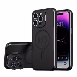CFYJ iPhone 15 Serie Magnetiskt Skyddsskal med Justerbart Stashstativ, skydd av militärkvalitet, inbyggt kamerastativ, magnetiskt telefonfodral för iPhone 15 Serie, svart