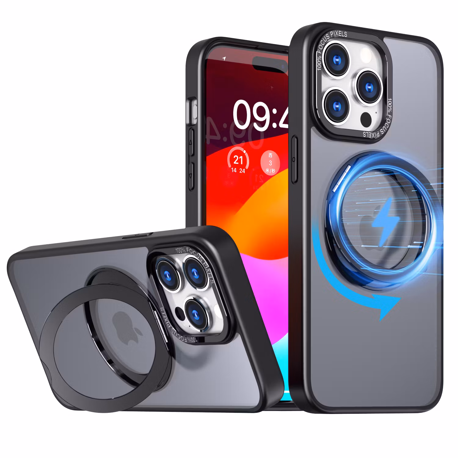 CFSYB2 iPhone 15 Pro Magnetfodral | Mag-Safe-kompatibelt | Inbyggt Osynligt Stativ | Slimmat & Matt Genomskinligt | Stöttåligt Skydd | Svart
