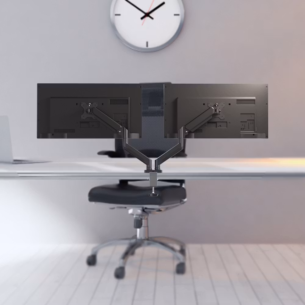 Charmount Gasfjädrad Dubbel Skärm Skrivbordsfäste med Justerbar Höjd, Sväng och Rotation - Kompatibel med 10"-32" Skärmar, VESA 75x75 & 100x100, Inklusive Skrivbordsclamp och Grommet