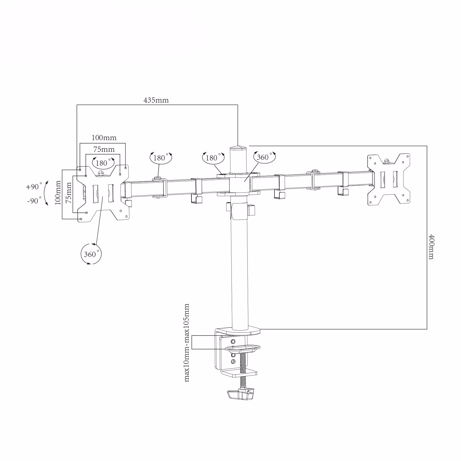 Charmount Dubbel Skärmhållare – Justerbart Fäste för 10''–30'' Skärmar, Maxbelastning 8kg