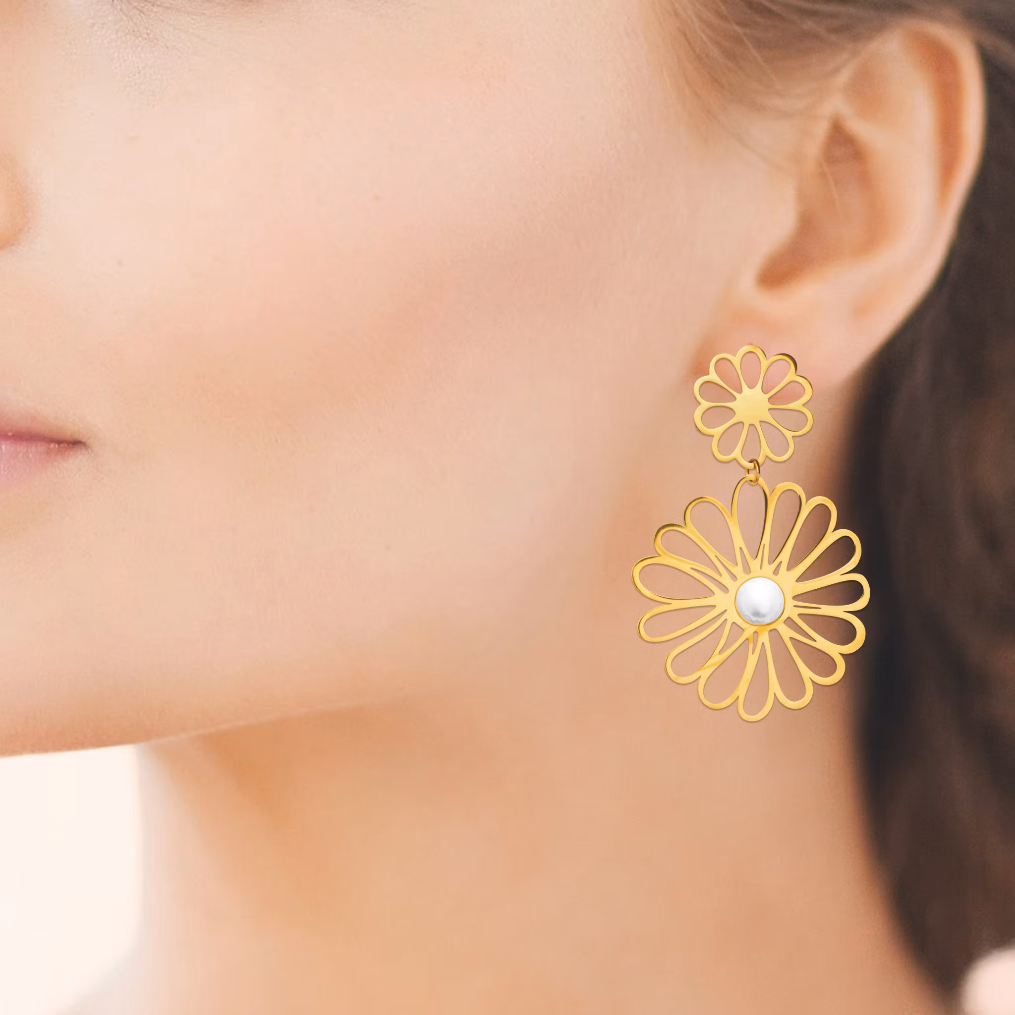Double Flower Earrings Gold PVD