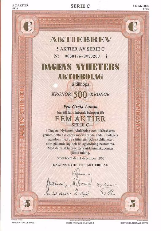 Dagens Nyheter AB, 500 kr