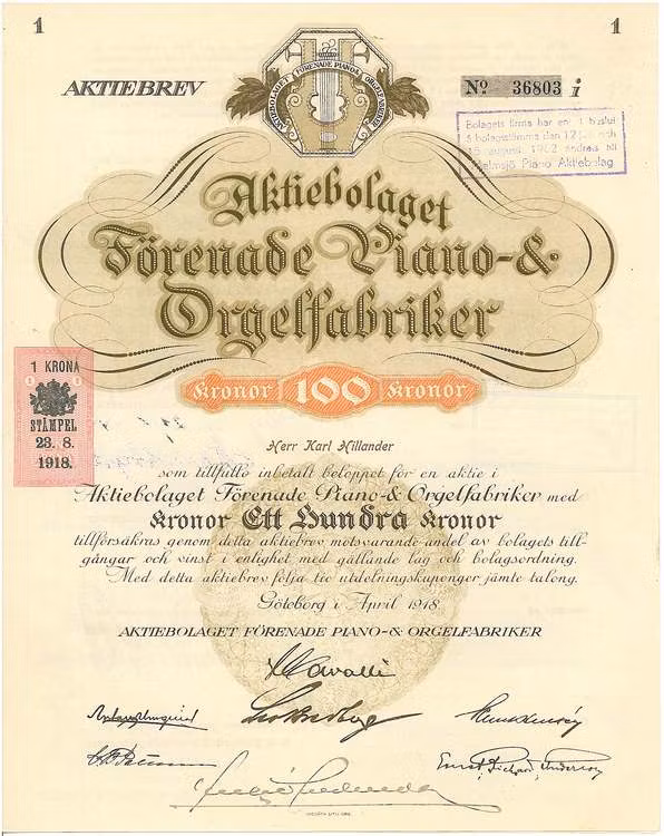 Förenade Piano-& Orgelfabriker, AB, 100 kr