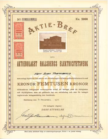 Hallsbergs Elektricitetsverk, AB, 5 000 kr