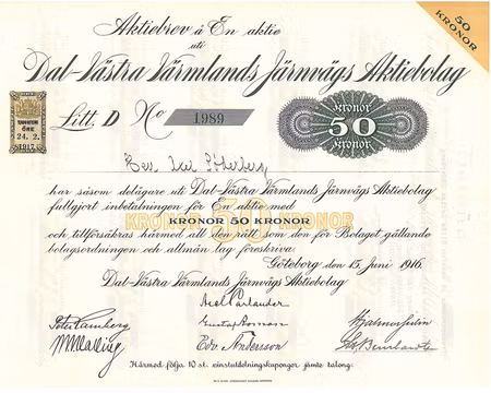 Dal-Västra Värmlands Järnvägs AB, 50 kr 1916