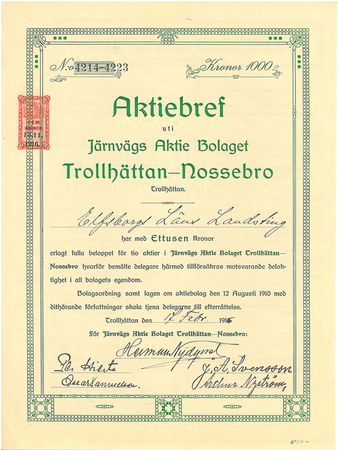 Järnvägs AB Trollhättans-Nossebro, 1000 kr, 1916