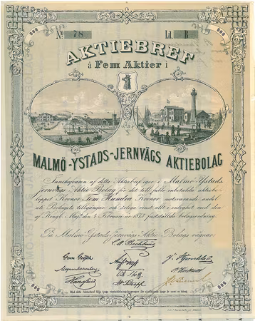 Malmö-Ystads Järnvägs AB, 500 kr, 1873
