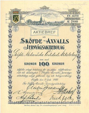 Sköfde-Axvalls Jernvägs AB 100 kr, 1900