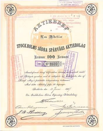 Stockholms Södra Spårvägs AB, 100 kr, 1887