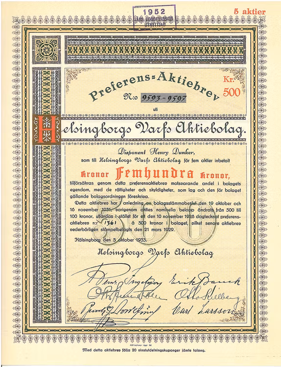 Helsingborgs Varfs AB, 500 kr, 1933
