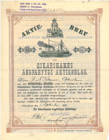 Oskarshamns Ångfartygs AB, 100 kr, 1891