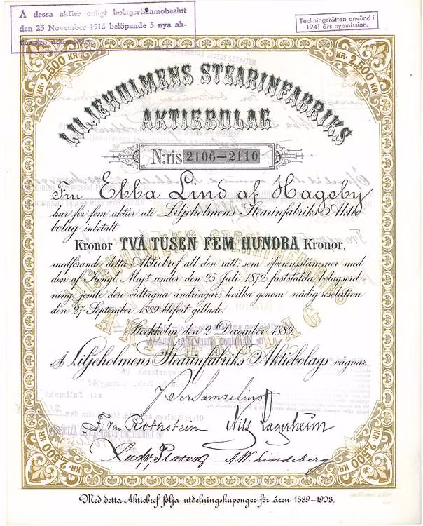 Liljeholmens Stearinfabriks AB, 1889