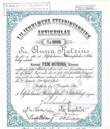 Liljeholmens Stearinfabriks AB, 1889