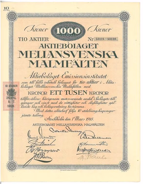 Mellansvenska Malmfälten, AB, 1.000 kr