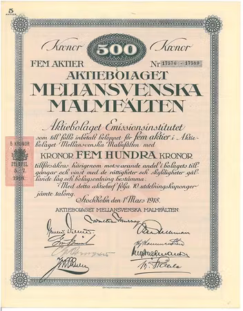 Mellansvenska Malmfälten, AB, 500 kr