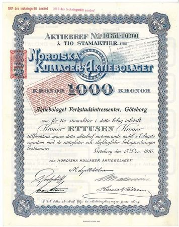 Nordiska Kullager, AB, 1.000 kr, 1916