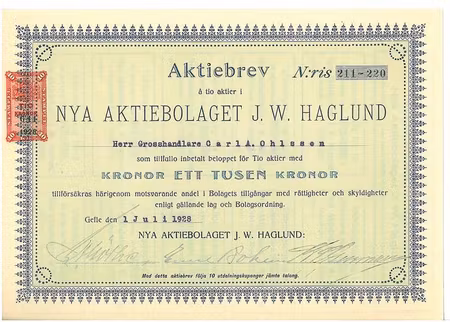 Nya AB J.W. Haglund, 1000 kr