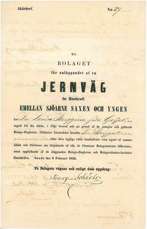 Jernväg för Hästkraft  emellan Sjöarna Saxen o Yngen 1856