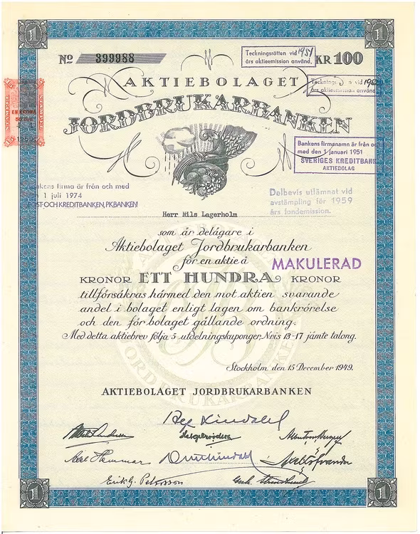 Jordbrukarbanken, AB, 100 kr.
