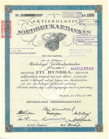 Jordbrukarbanken, AB, 100 kr.