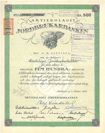 Jordbrukarbanken, AB, 500 kr.