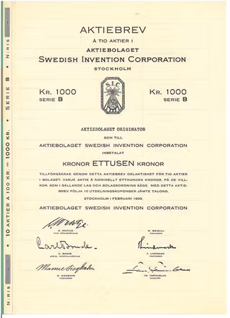 Swedish Invention Corporation AB, 1000 kr